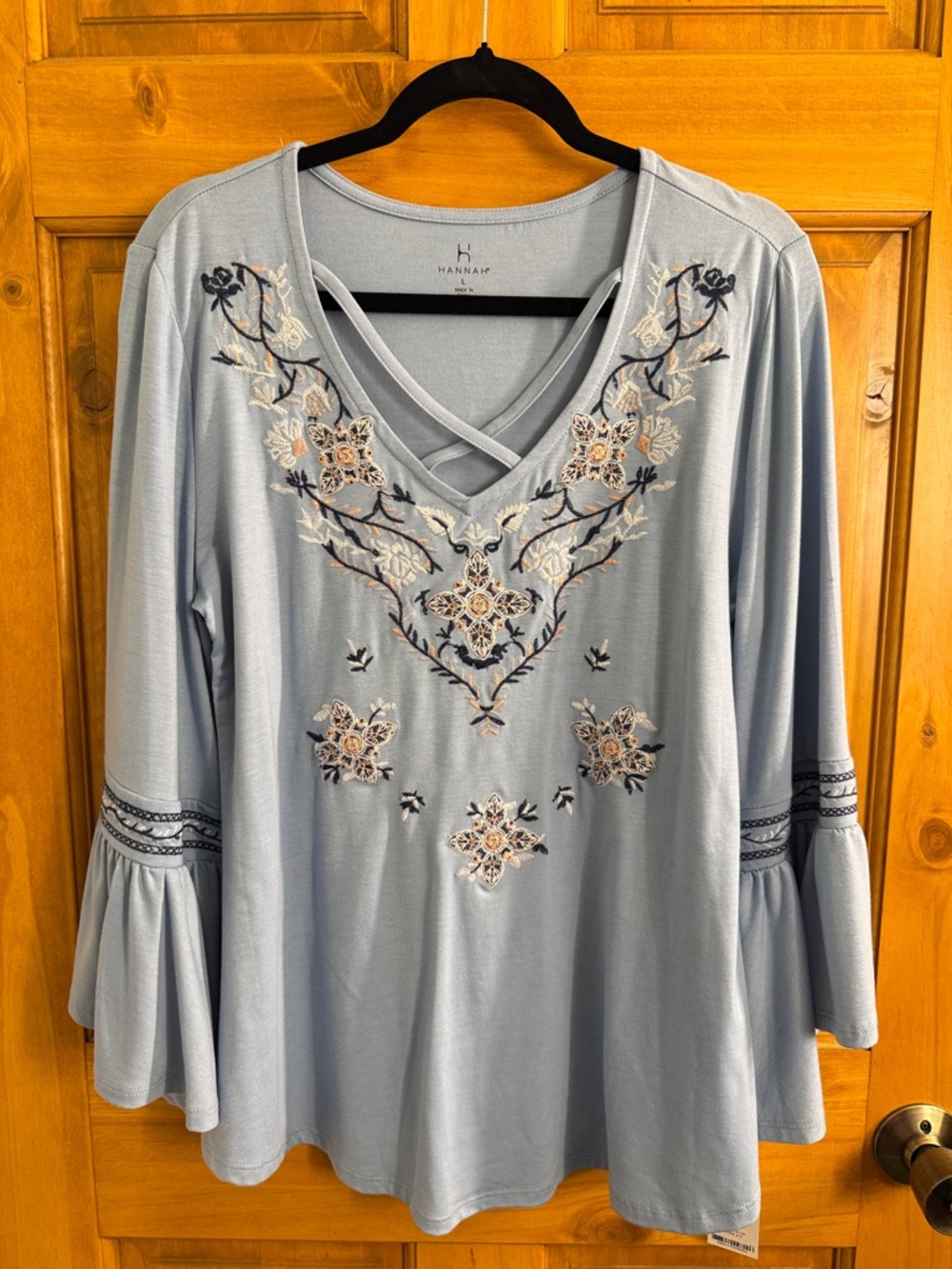 Hannah Pale Blue Embroidered Crisscross V-Neck Bell Sleeve Tunic